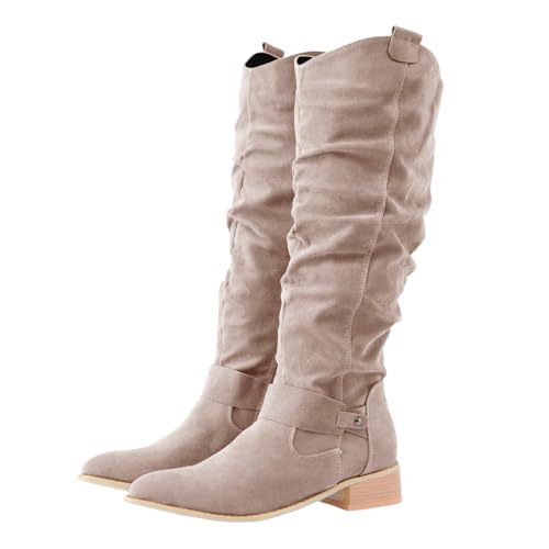 Botas Altas Mujer Invierno-Botas Camperas Caña Ancha Lisas Planas Marrones de Ante Invierno Fiesta Negras