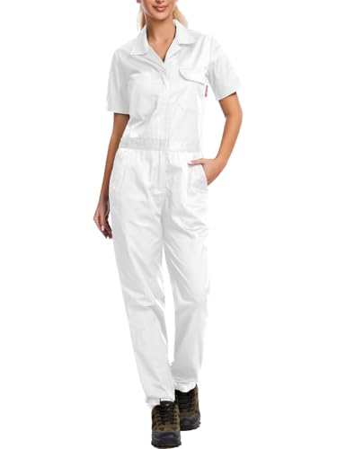 WORK IDEA Women's Short Sleeve Coverall Lightweight Snap-Front Cotton Work Jumpsuit，White，L