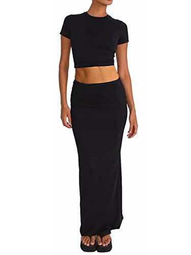 NUFIWI Women Crochet Knit 2 Piece Outfits Set Short Sleeve Shirt Crop Top High Waist Bodycon Midi Skirts Set Y2k Set3