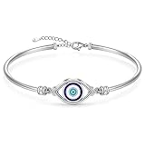 Fenthring Evil Eye Bracelet for Women Sterling Silver Greek Turkish Blue Evil Eye Bangle Bracelets Adjustable Good Luck Protection Jewelry Cute Mothers Day Gifts