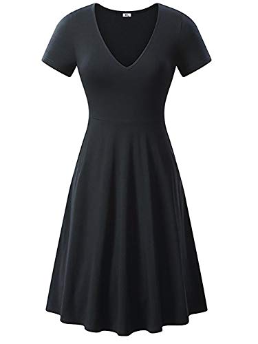 CHYU - Vestido de skater, para mujer, cuello redondo, línea Midi A, resistente, elegante, fino, cuello en V, manga corta Negro M