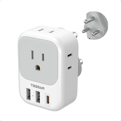 Image of TESSAN South Africa Type M Power Adapter | 4 American Outlets, 3 USB Charger (1 USB C Port), For US to Bhutan Botswana Namibia Nepal