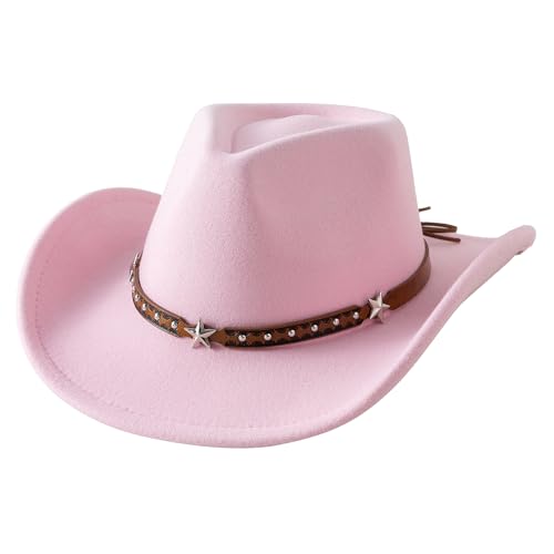 Jastore Kids Wide Brim Western Cowboy Cowgirl Hat Boys Girls Felt Jazz Fedora Hats Dress Up Costume (US Age 6 Years 12 Years Light Pink)