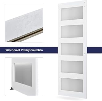 30in x 80in Glass Barn Door with 5ft Barn Door Hardware Kit & Handle, Pre-Drilled Holes Easy Assembly -Solid Barn Door Slab Covered with Water-Proof PVC Surface, White, 5 Panel