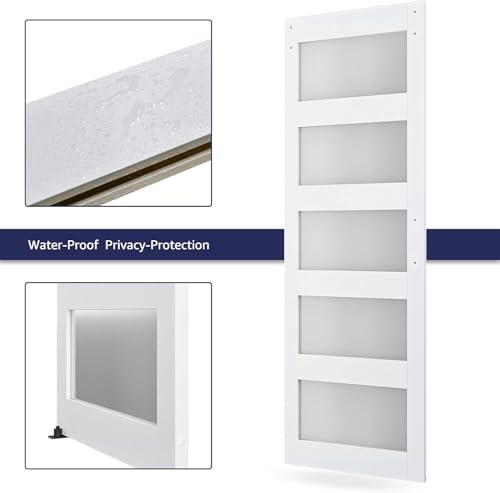 30in x 80in Glass Barn Door with 5ft Barn Door Hardware Kit & Handle, Pre-Drilled Holes Easy Assembly -Solid Barn Door Slab Covered with Water-Proof PVC Surface, White, 5 Panel