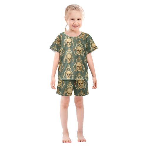 ALAZA Vintage Sugar Skull Green Pajamas Set Short Sleeve Cotton Sleepwear Summer Pjs 2 Piece 5-14Y3