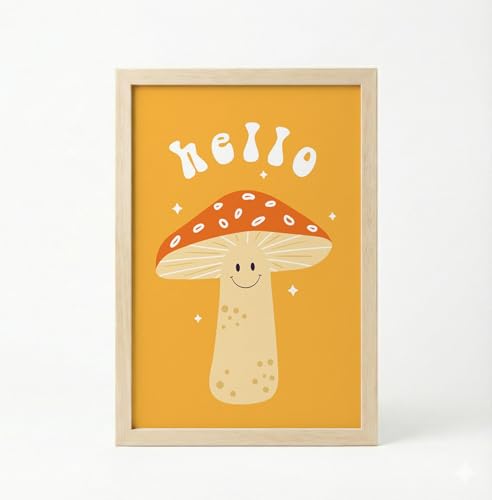 Image of BLINKART Mushroom Hello Modern Art Walls With Frame | Natural Wood Texture | Living Room Bedroom Office Wall Decoration | Poster Home Decor Frames Wall Bedroom | 12x8 Inches (D78)