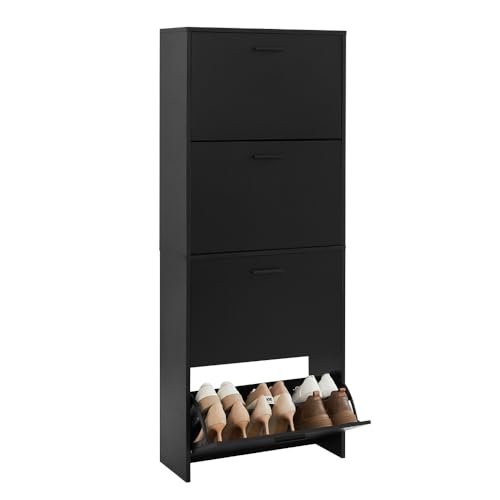 CASABEL Meuble à Chaussures Moderne 4 Abattants - Rangement Chaussures 24 Paires - Noir - Meuble en Bois Composite - Dimensions L60xP24xH150 cm - Grande...