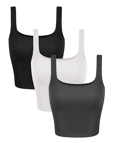 Image of ODODOS 3-Pack Seamless Square Neck Crop Tank for Women Ribbed Knit Soft Low Back Cropped Tops