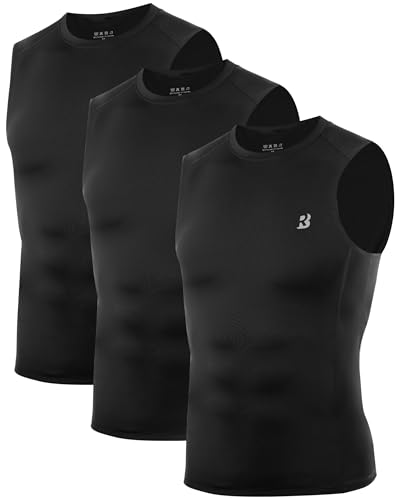 Roadbox 3 Pack Mens Sleeveless Compression Shirt, Cool Dry Athletic Workout Tank Top, Sports Running Gym Base Layer Shirts - Main Image