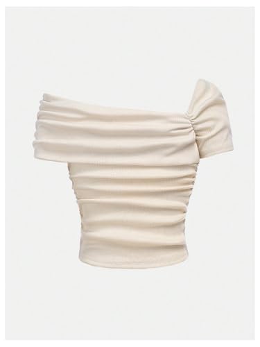 SHENHE Girl's Ribbed Knit Off Shoulder Short Sleeve Ruched Fitted Tee Shirt Going Out Top2