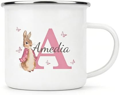 Personalized Easter Bunny Mug for Kids – Custom Name & Initial Enamel Camping Mug, Easter Gift for Boys, Girls, Family