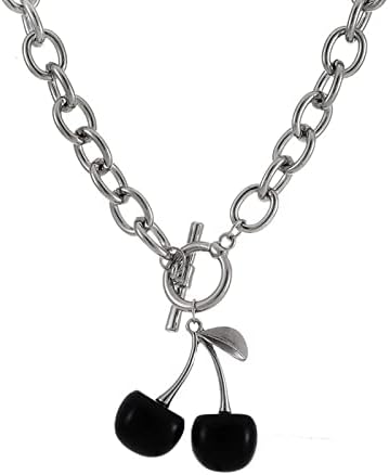 Punk Sweet Cherry Pendant Stainless Steel Necklace Ot Buckle Gothic Street Harajuku Adjustable Link Chain Lovely Choker Collar Jewelry for Women Men