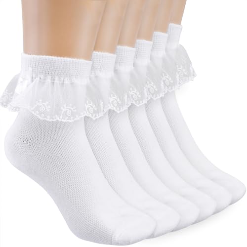 DIVINA VITAE 3 Pack Frilly Socks for Girls White Lace Socks with Bows Dress Ankle Sock Cute School Thin Cotton Sock