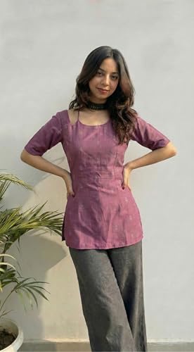 Image of ANNI Designer Women's Viscose Blend Printed Short Kurti | Straight Fit Ethnic Top with Square Neck | Bell Sleeve Indian Kurta for Office College, Party