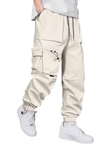 OYOANGLE Men's Cargo Pants Elastic Drawstring Waist Jogger Pants Outdoor Trousers with Pocket
