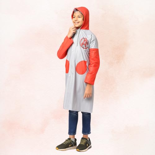 Image of Citizen Avengers Kids Raincoat with Inbuilt Hood & Carry Bag, PVC Virgin Fabric with High Tearing Strength, Full Sleeves Knee Length Raincoat For Boys & Girls, Grey & Red