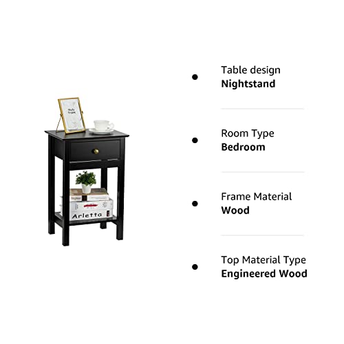 Zenoddly Night Stand Small Side Table With Drawer & 1 Shelf, 2 Tier Black End Table With Storage, Wood Side Tables Living Room Tables Bedside Table #TOP7