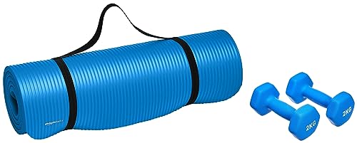 Image of AmazonBasics Neoprene Dumbbell Pair, 2 x 2Kg & Amazon Basics 13mm Extra Thick NBR Yoga and Exercise Mat with Carrying Strap, Blue
