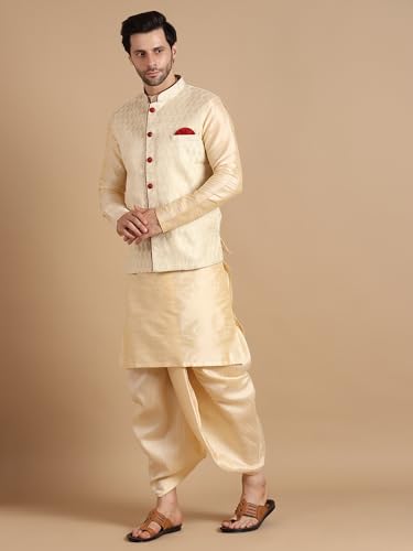 Image of Men's Silk Blend Solid Kurta Dhoti Set with Designer Ethnic Nehru Jacket
