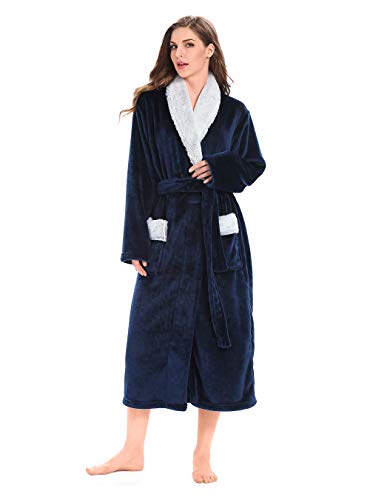 Genuwin Plush Robes for Women, Fluffy Robes Long Soft, Warm Fleece Shawl Kimono Bathrobe Winter House Coat (Navy Blue, Small)