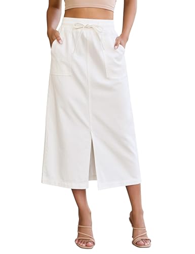luvamia Summer Skirts for Women Midi Length High Rise Jean Skirt Cream White Long Skirt with Pockets...