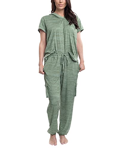 Hanes Women's Short Sleeve Top And Jogger Pant Cargo Pajama Sleep Set With Pockets, Heather Green, L #TOP6