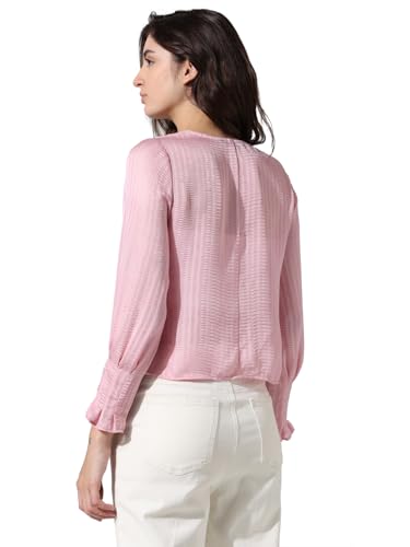 Image of ONLY Women Polyester Regular Self Design V-Neck Puff Sleeves Shirt Style Top