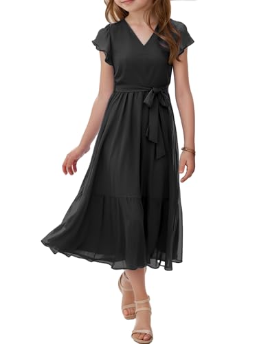 Girls Summer Maxi Dresses Cap Sleeveless Ruffle Hem Chiffon V Neck Flowy Dress Belt A-Line Casual Formal Long Dress