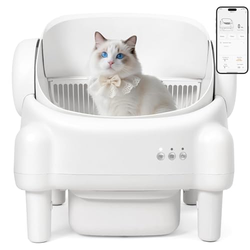 Self Cleaning Litter Box,Open Top Automatic Litter Box with App Control for Multiple Cats, Safety Sensors Protection, Odor Control Includes 2 roll Liners,Large Waste Bin, Cream White