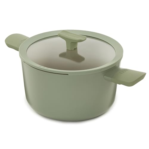 BergHOFF Balance Non-stick Ceramic Stockpot 10", 4.6qt. with Multifunctional Glass Lid, Recycled Aluminum, CeraGreen Non-toxic Coating, Stay-cool Handle, Induction Pan, For Stew Soup Steam, Sage