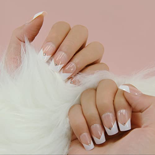 Fofosbeauty 24Pcs Medium Press On False Nails, French Tips White Diamond Coffin Fake Nails With French Design 2023 Acrylic Nails For Girls Womens #TOP1