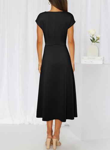 Happy Sailed Women's Spring Summer Short Sleeve Cowl Neck Ruched Waist Flowy A Line Midi Dresses Party Cocktail Dress2