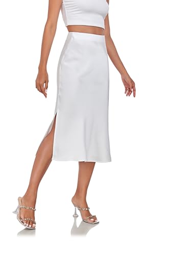 Women's Silk Satin Midi Skirts High Waist Elastic Ruffle Elegant A Line Elegant Casual Slit Party Skirt3