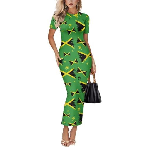 Image of Womens Short Sleeve Jamaican Flag Midi Bodycon Dress | Soft stretchy fabric,crew neck,jamaican print casual date night cocktail party, elegant chic, spring summer fall all season