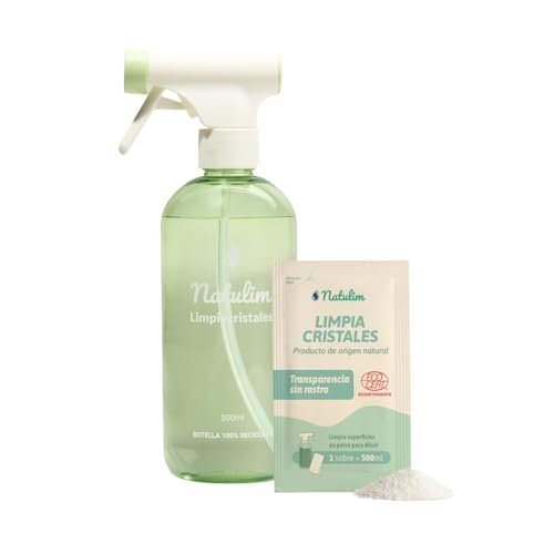 Natulim Pack Limpiacristales - Limpieza Profunda y Sin Rastro para Superficies Transparentes- Set de Pulverizador Recargable 500 ml + 2 Sobres de Recarga (1 Sobre = 500 ml).