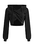 GORGLITTER Women's Wrap Cropped Hoodie Long Sleeve Drawstring Hooded Sweatshirt Pullover without Pocket Black S
