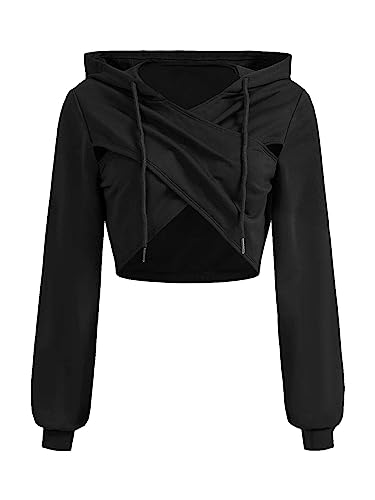 GORGLITTER Women's Wrap Cropped Hoodie Long Sleeve Drawstring Hooded Sweatshirt Pullover without Pocket Black L