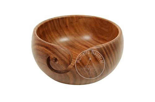 Image of Humaira Nautical Wood Yarn Bowl with Lid, Crochet & Knitting Yarn Holder, 6x3in, Brown Mango Wood