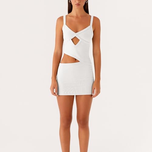 Image of Women Sexy Cutout Mini Dress Spaghetti Strap Backless V-Neck Patchwork Bodycon Short Dress Party Cocktail
