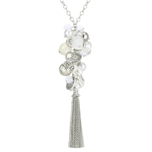 FULU AUTUMN Collier Argent Long pour Femme Sautoir avec Pendentif Perles et Franges Bijoux Fantaisie Cadeau pour Maman(White)