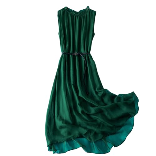DISSA Robe en Soie Mulberry Vert Femme Unie Robe aux Genoux Soie 100% sans Manche Col Rond Robe de Soie fluidesTaille Haute Volants,EU Taille Unique,D98003