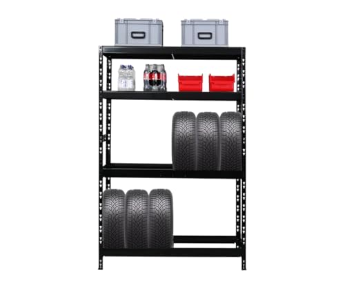 PROREGAL Reifenregal Tiger | HxBxT 180x120x40 cm | bis zu 12 Reifen auf 2 Ebene + 2 Ablagen | Schwarz | Werkstattregal Lagerregal Kellerregal