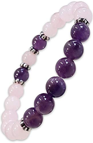 MANBHAR GEMS - Natural Amethyst and Rose Quartz Beads Silver Stretchable Elastic Handmade Rakhi Pink and Purple Fashion Jewellery Bracelet for Women and Men for Reiki Healing