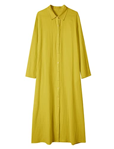 Image of Ladyful Women's Cotton Linen Maxi Shirt Dress Long Sleeve Button Down Shirtdress Beach Summer Dress Pockets