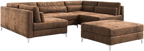 DeLife Canapé Elio Imitation Cuir Vintage Marron Antique 300x185 cm avec Pouf canapé panoramique