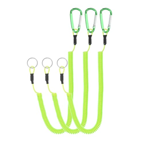 PATIKIL 6.5ft Spring Fishing Lanyard, 3 Pack Retractable Coiled Tether Spiral Coil Keychain Cord with Metal Clip & Split Ring for Pliers Boating Fly Fishing, Green