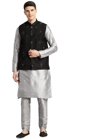Image of SOJANYA (Since 1958, Men's Silk Blend Grey Kurta Pyjama & Silk Blend Jacket Combo