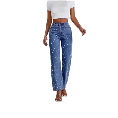 Women's high Waist Pearl Jeans Irregular Loose Straight Casual Jeans