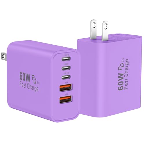 Image of USB C Fast Wall Charger Block, 2Pack 60W USBC Charging Cubes, 5-Port PD+QC Power Adapter Multiport Brick Type C Box Plug for Phone 17 /16 /15 /14 /13 /12 /11 /Pro Max /Plus, Pad Mini /Pro /S25 /S24-Purple